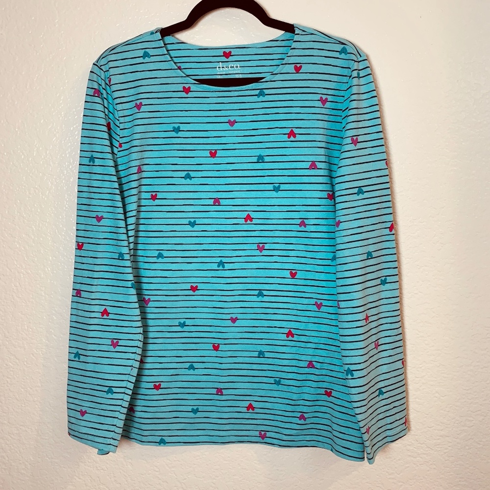 Denim & Co. Blue Heart Print Long-Sleeve Top US Large Jersey Crewneck Valentine